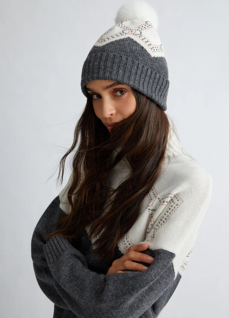 Wool-blend hat with pom-poms