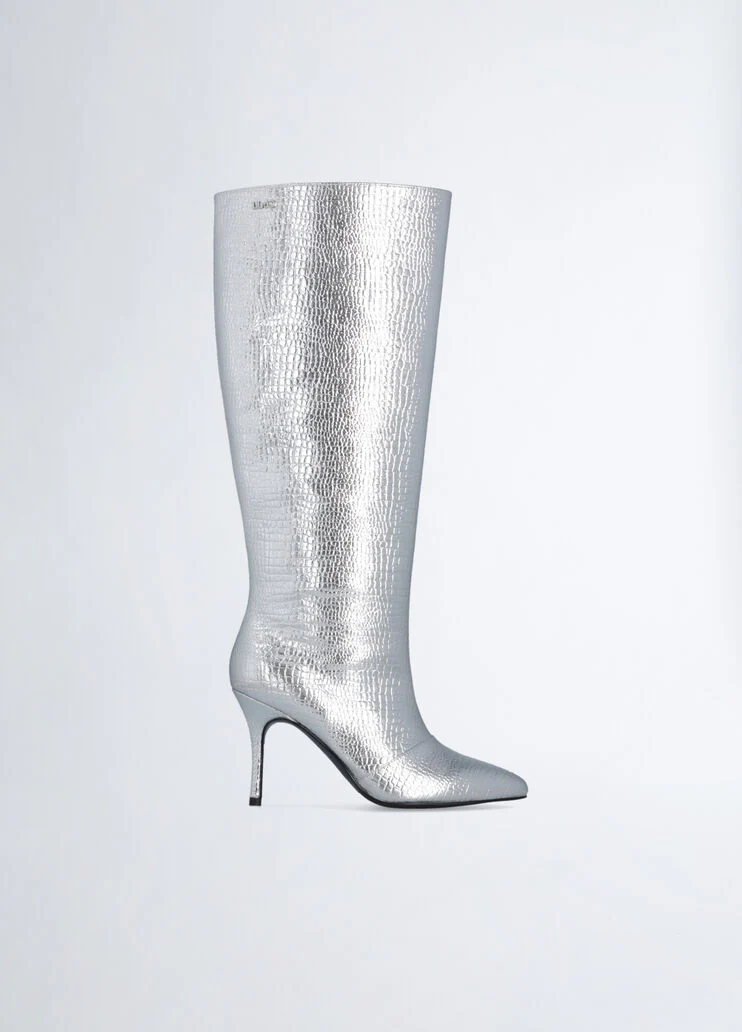 Crocodile-print knee-high boots