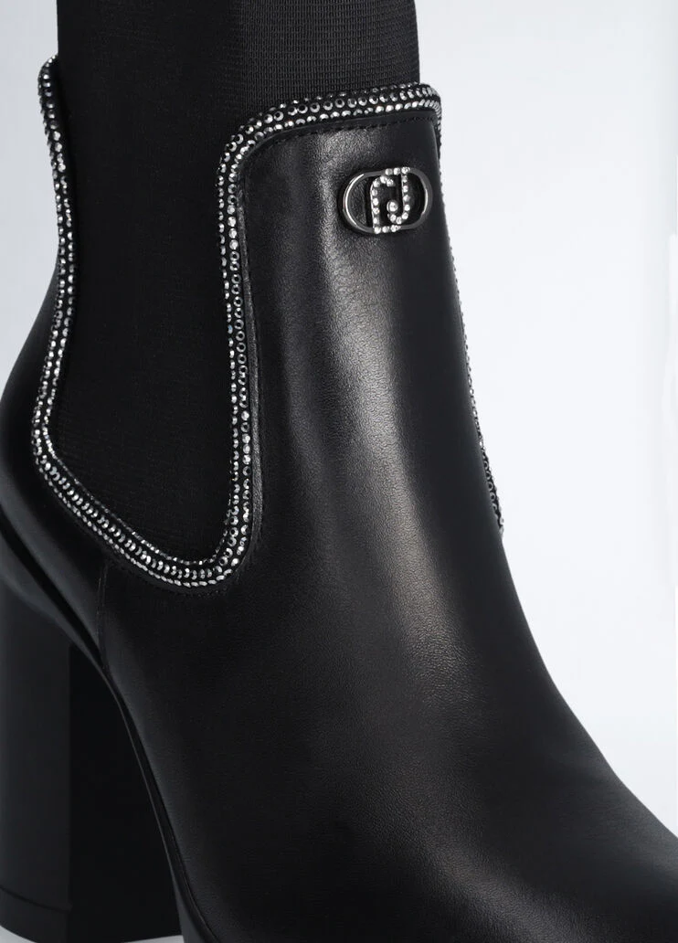 Black leather ankle boots with rhinestones