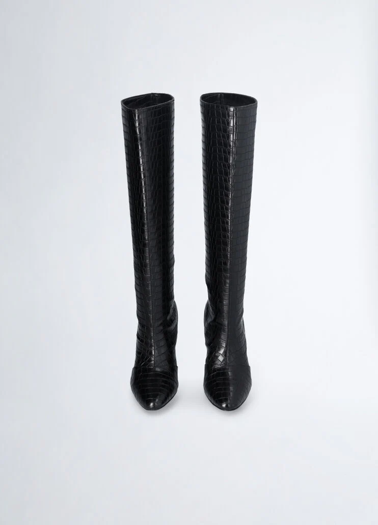 Crocodile-print knee-high boots