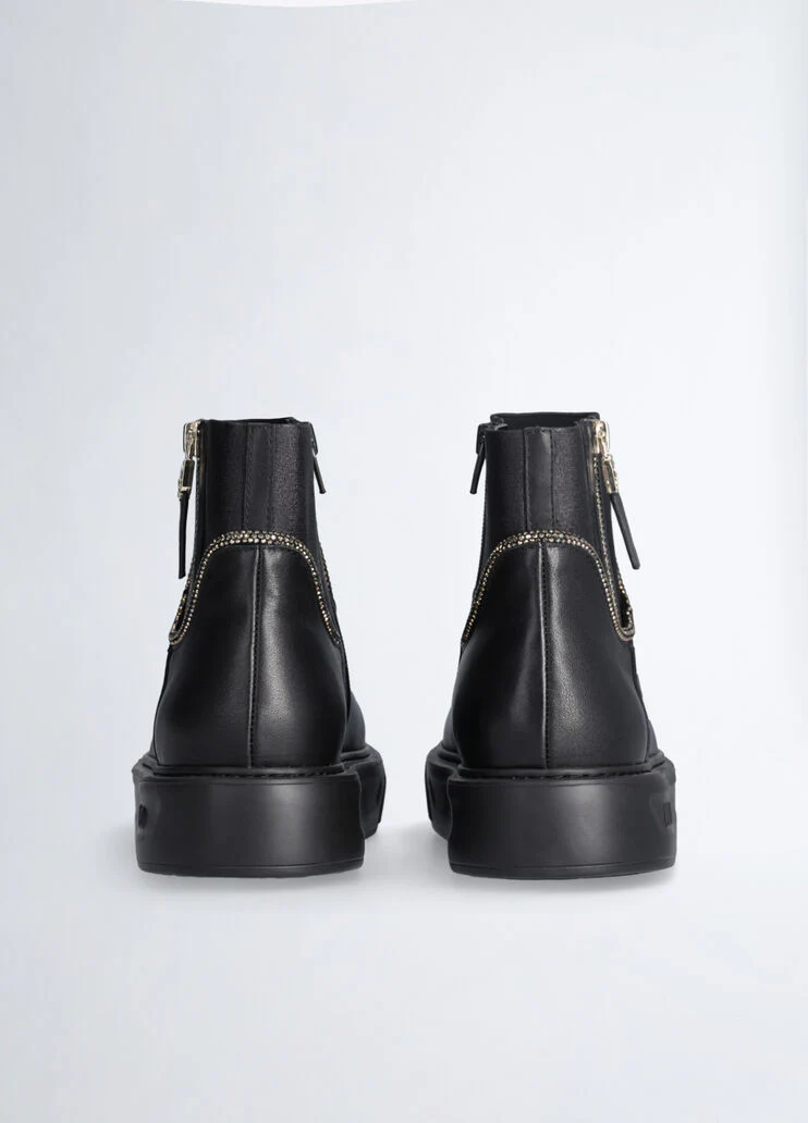 Black leather ankle boots with rhinestones