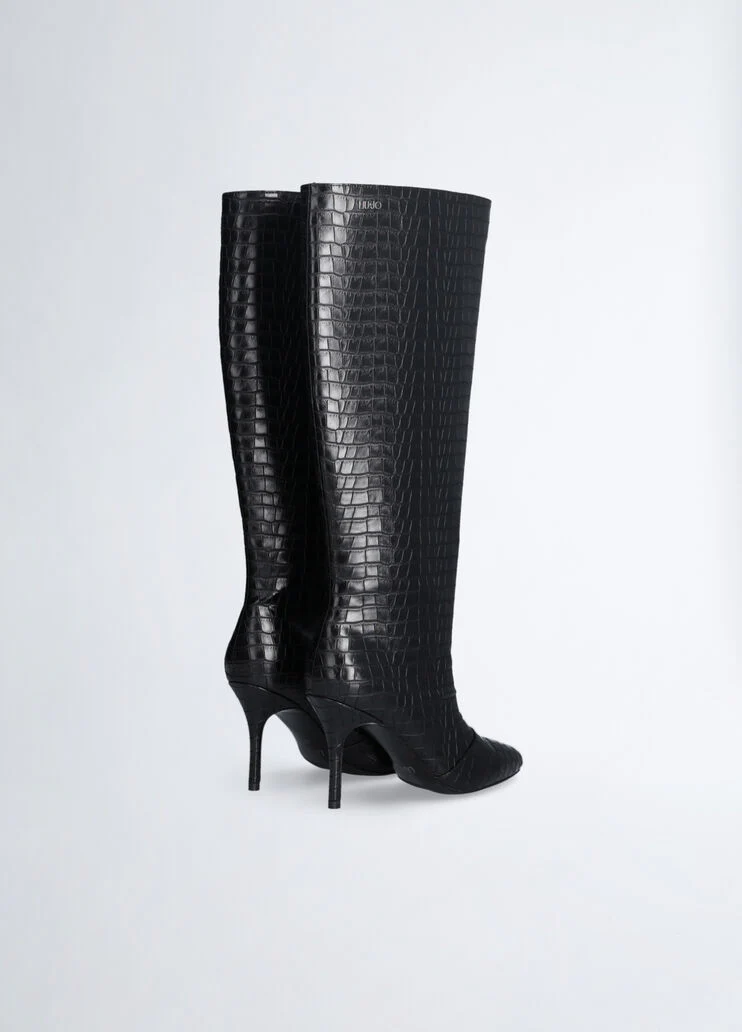 Crocodile-print knee-high boots