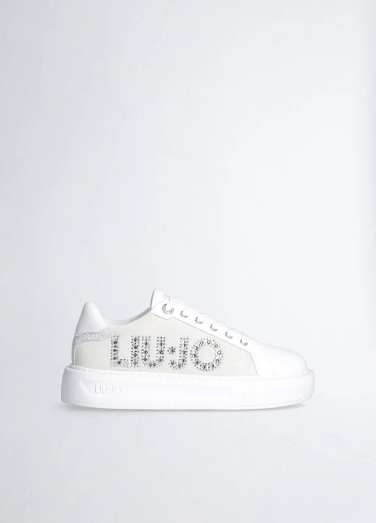 White sneakers with bejewelled logo
