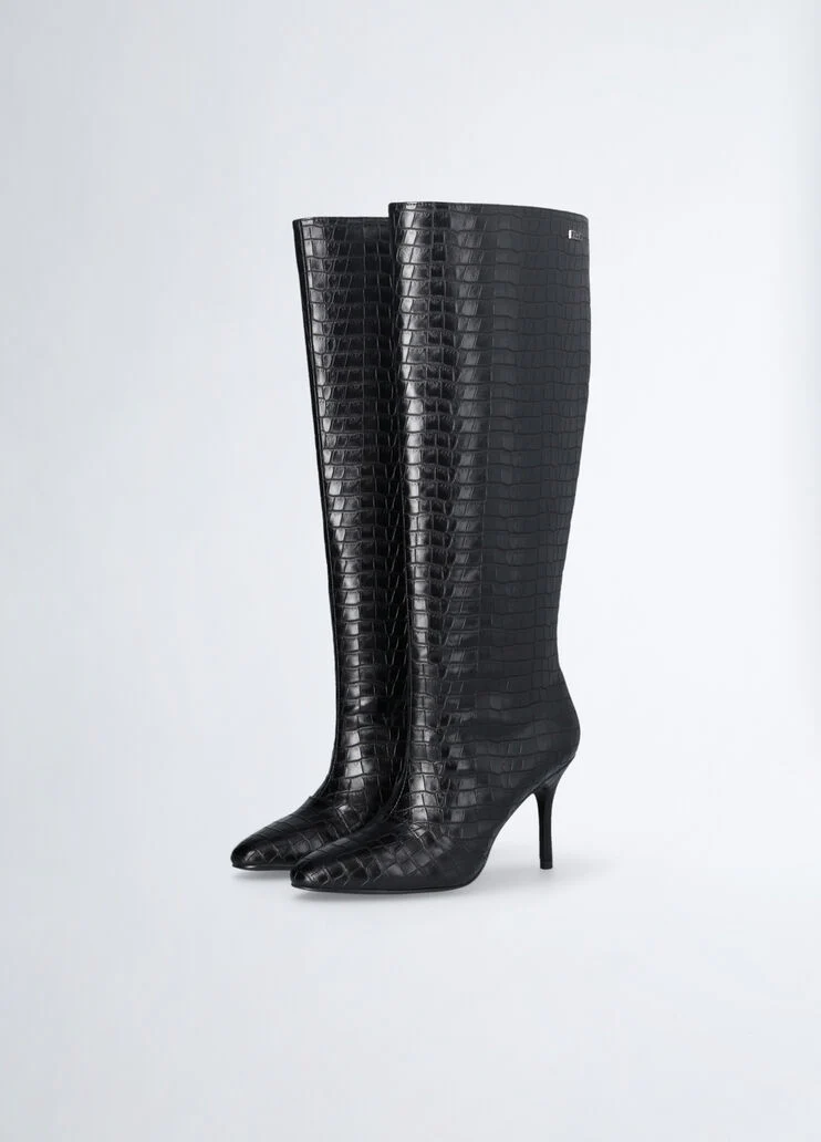 Crocodile-print knee-high boots