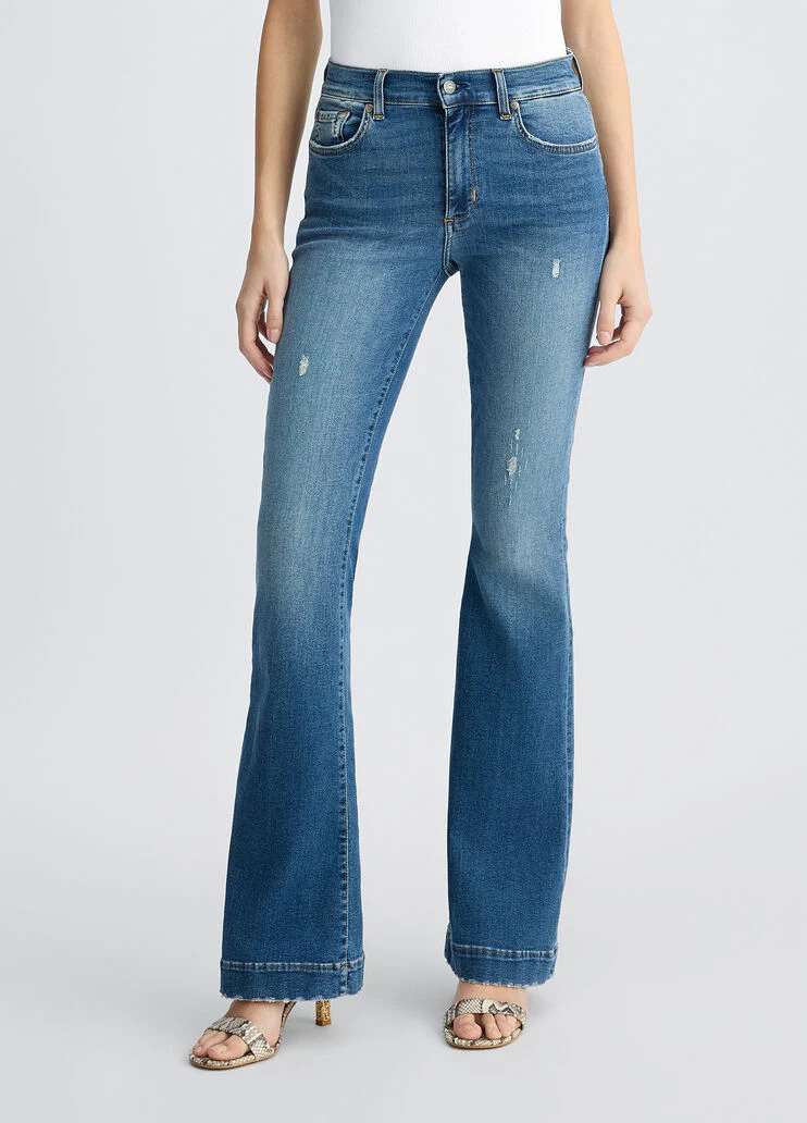Blue bell-bottom jeans with rhinestones