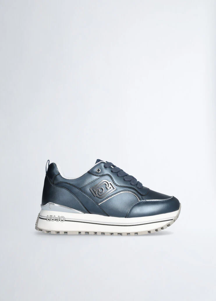 Blue metallic-effect leather platform sneakers