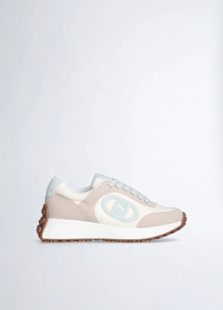 Beige sneakers with light blue logo
