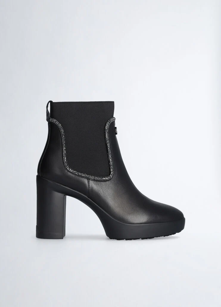 Black leather ankle boots with rhinestones