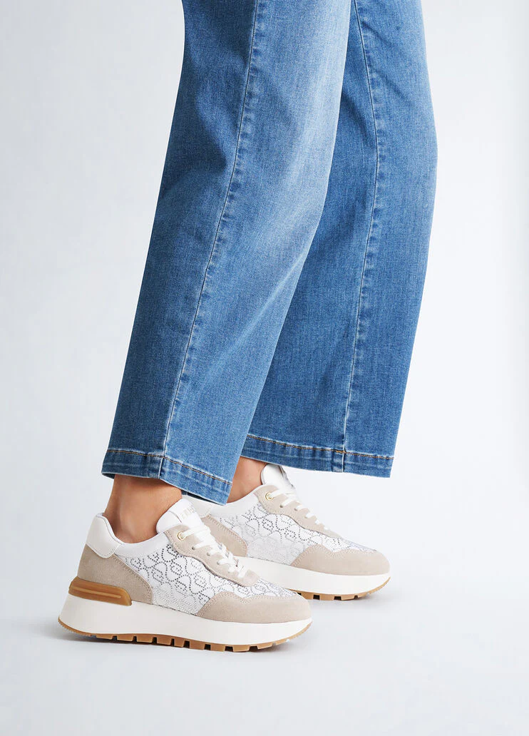 White sneakers with rhinestone-detailed logo