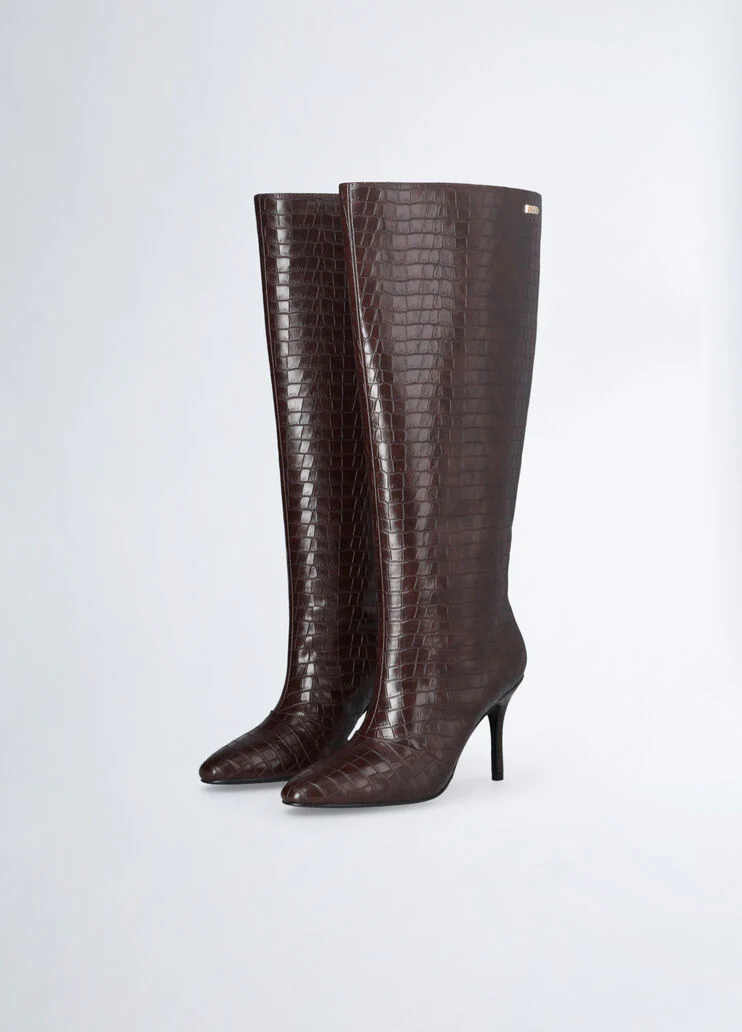 Crocodile-print knee-high boots