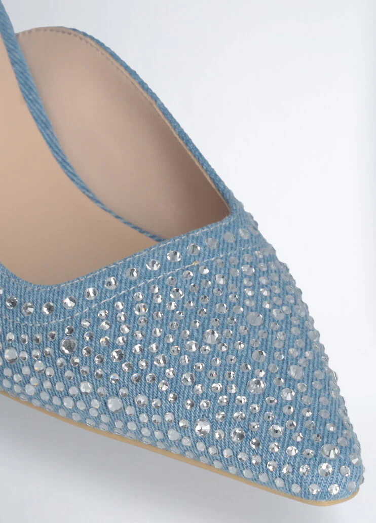 All-over rhinestone-detailed denim mules