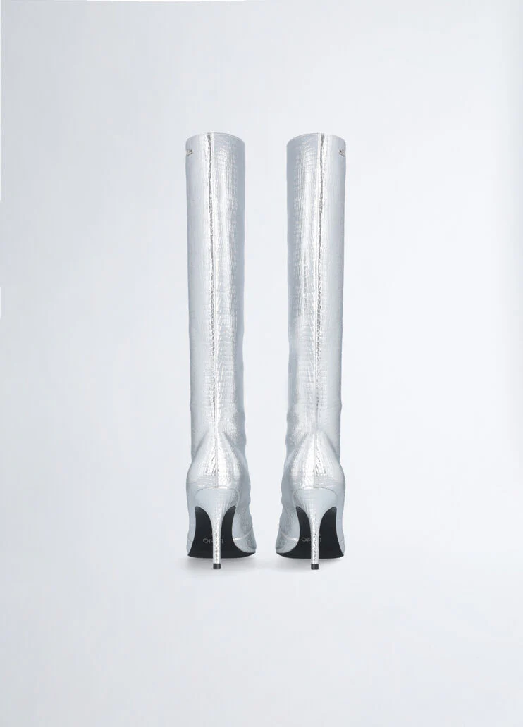 Crocodile-print knee-high boots