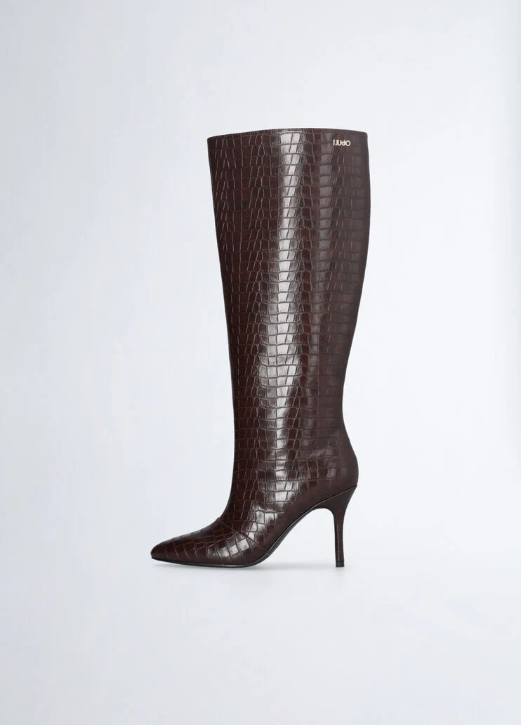 Crocodile-print knee-high boots