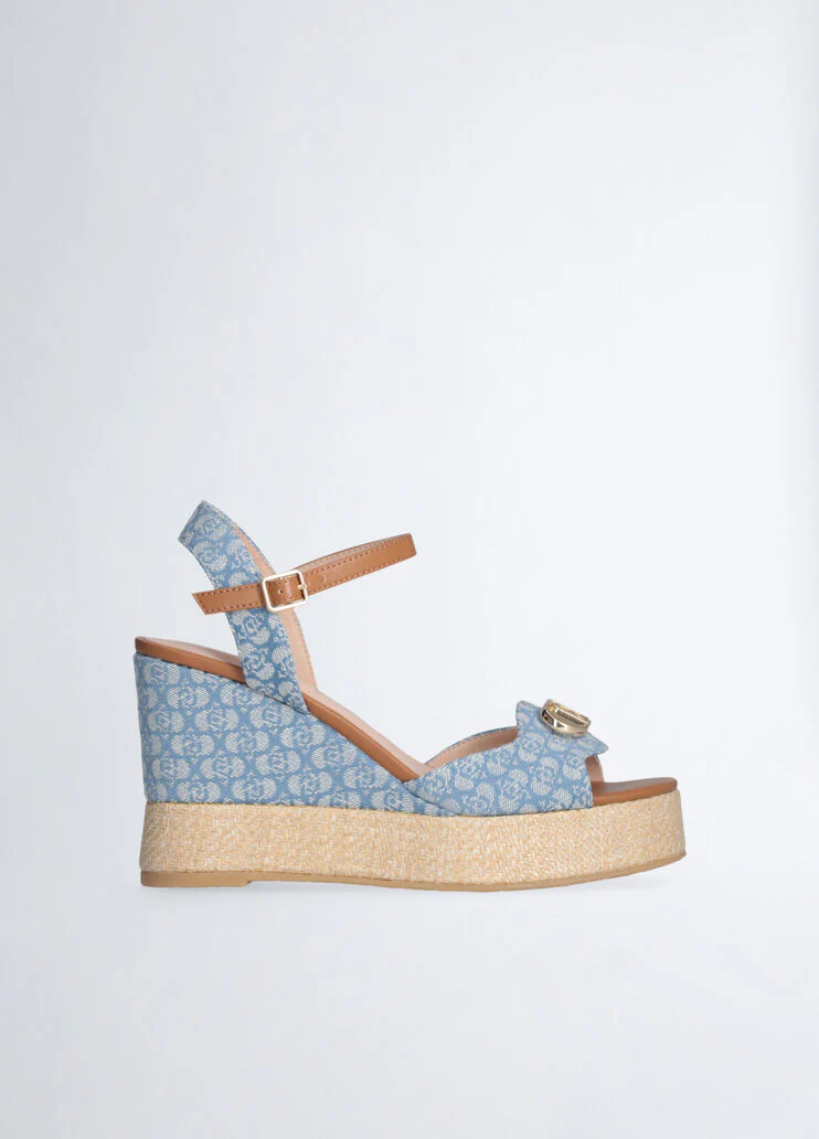 Monogram denim wedge sandals