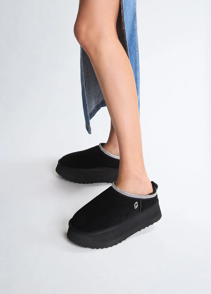Black suede platform mules