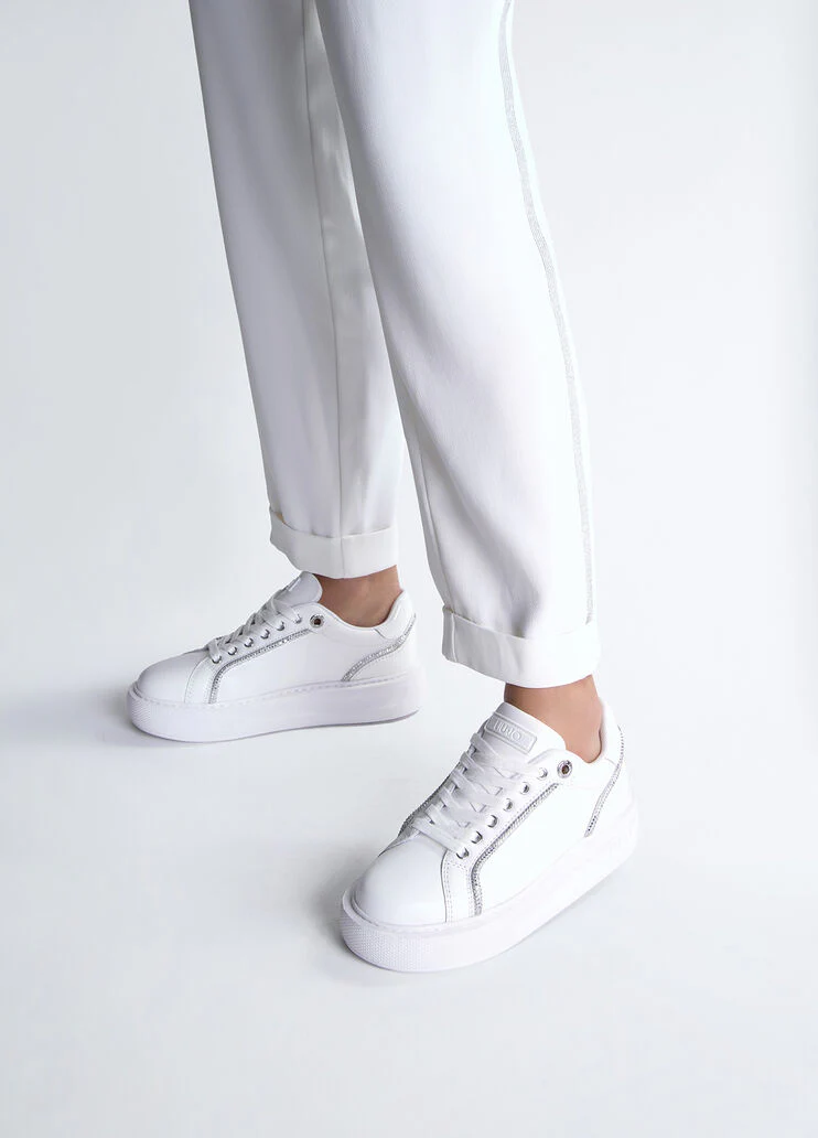 White sneakers with rhinestone trims