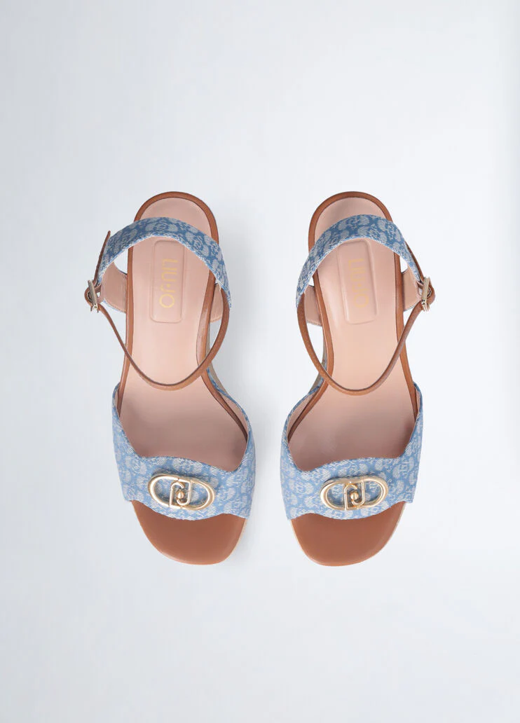 Monogram denim wedge sandals