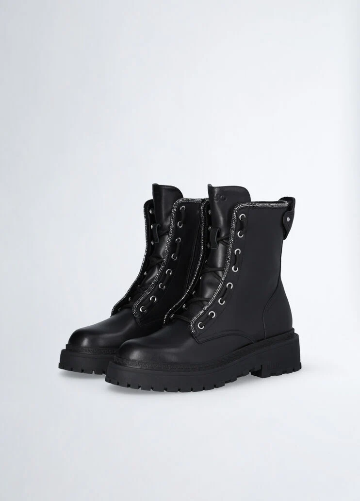 Combat boots with rhinestone trim