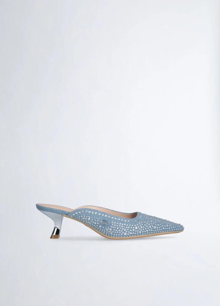 All-over rhinestone-detailed denim mules
