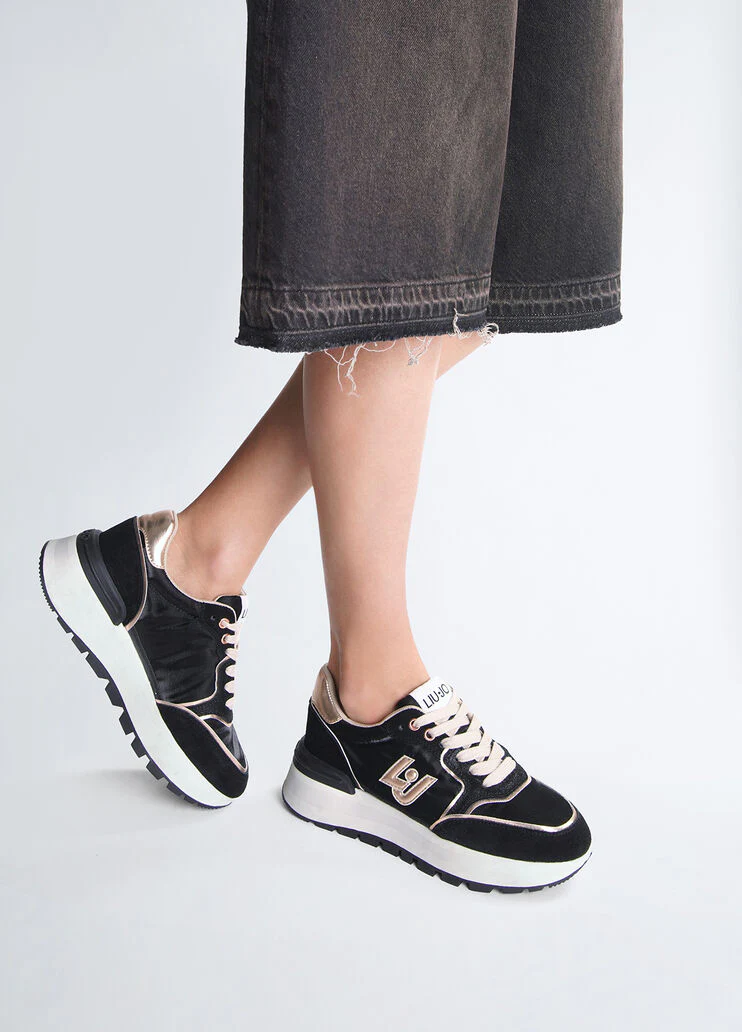 Suede and shiny nylon platform sneakers