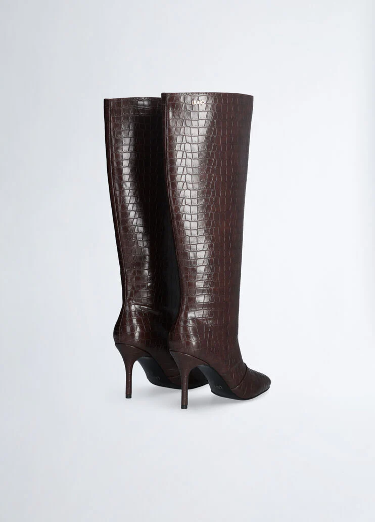 Crocodile-print knee-high boots