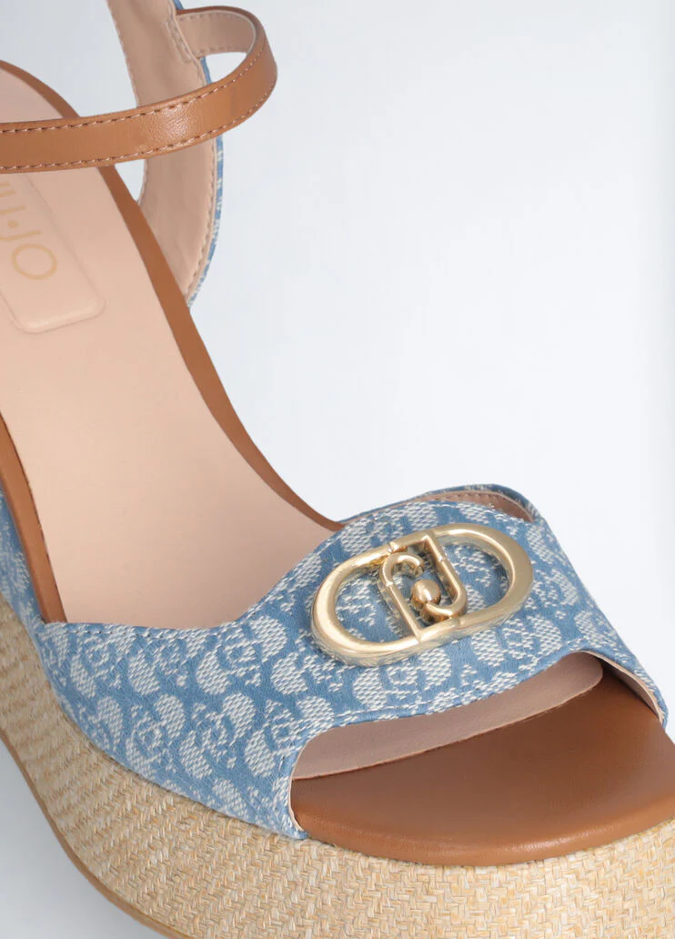 Monogram denim wedge sandals
