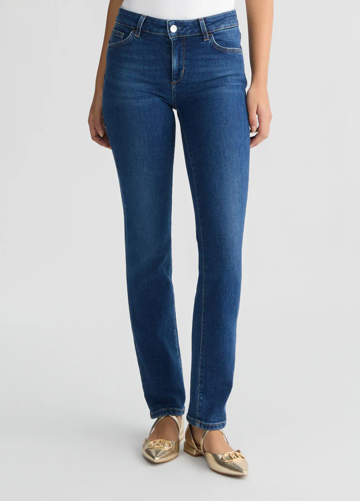 Dark slim-fit jeans with rhinestones