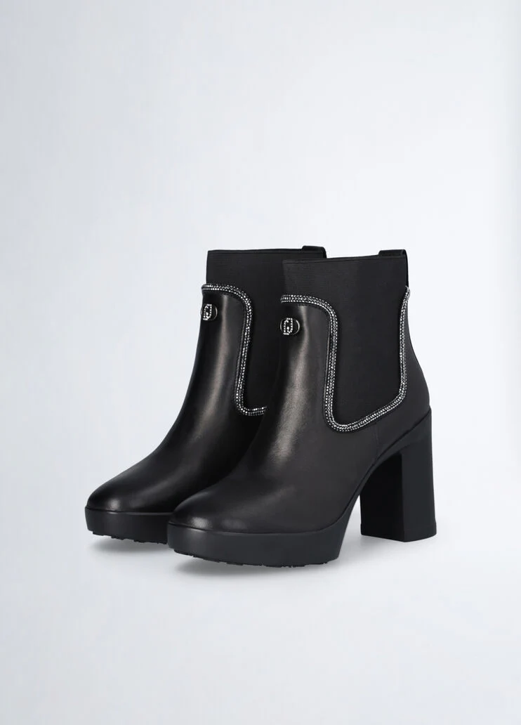 Black leather ankle boots with rhinestones
