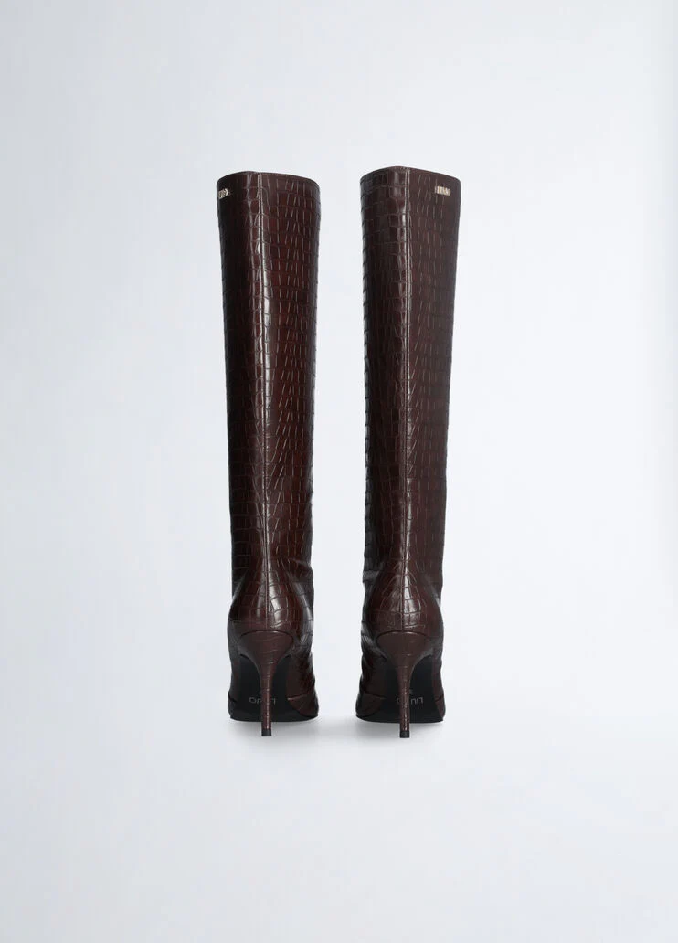 Crocodile-print knee-high boots