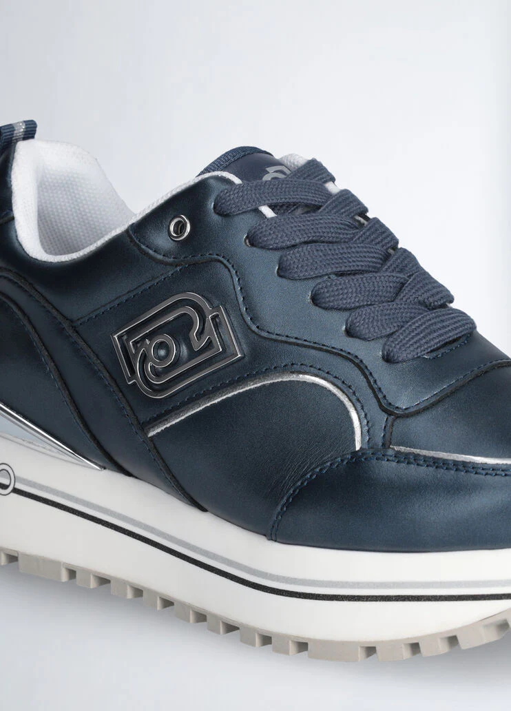 Blue metallic-effect leather platform sneakers