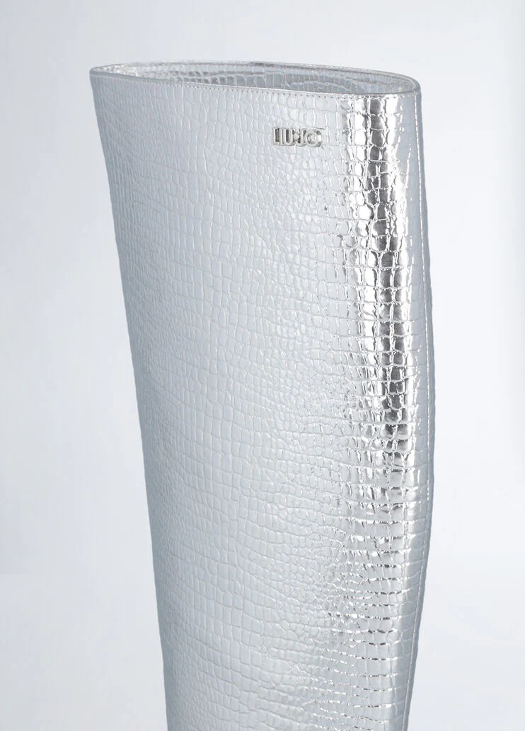 Crocodile-print knee-high boots