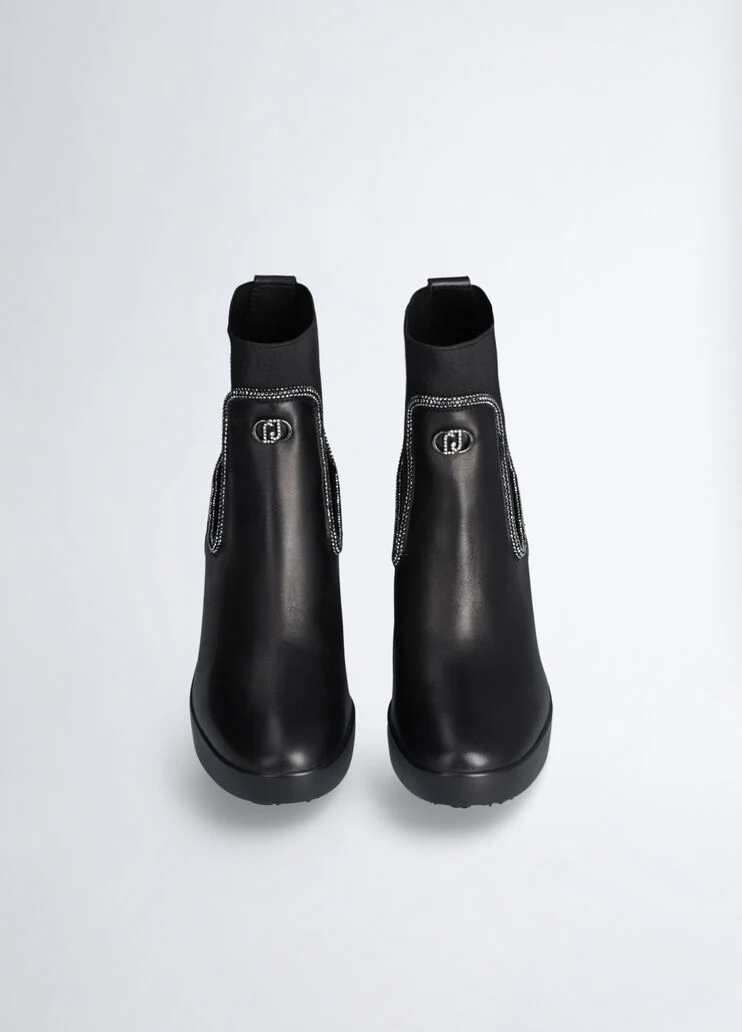 Black leather ankle boots with rhinestones