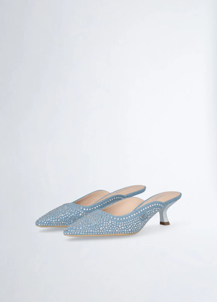 All-over rhinestone-detailed denim mules