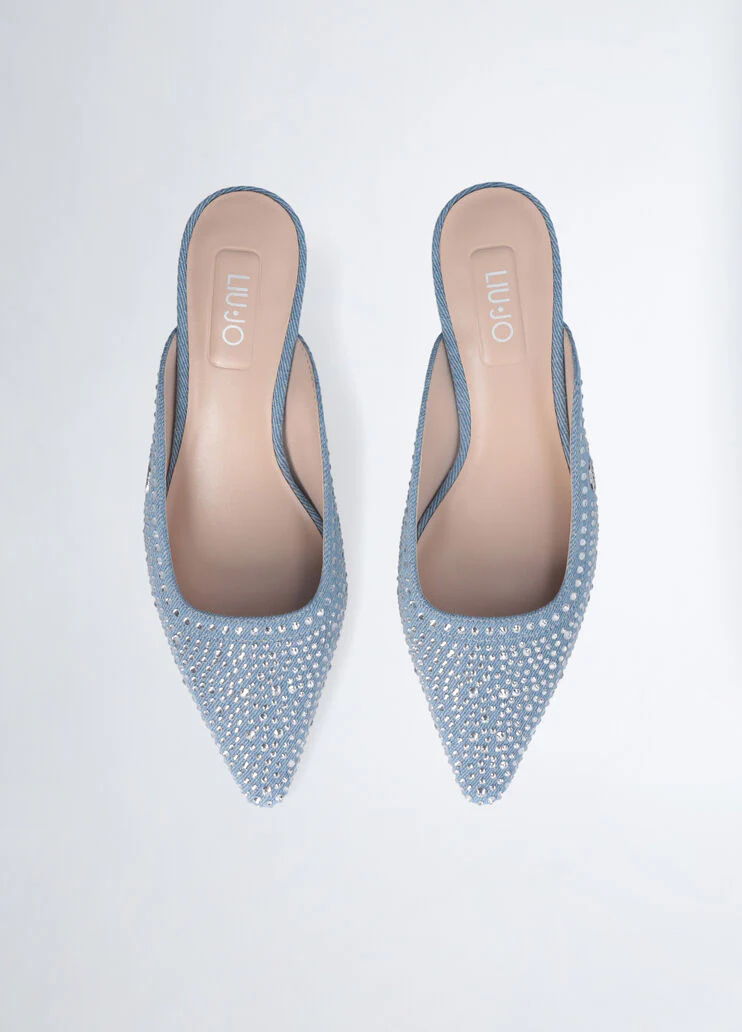 All-over rhinestone-detailed denim mules