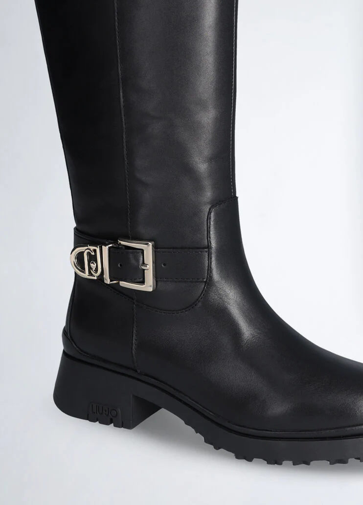 Black leather knee-high boots