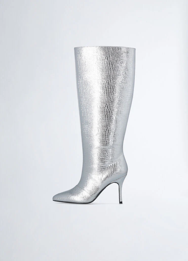 Crocodile-print knee-high boots