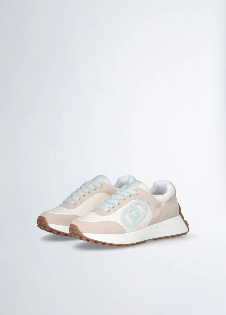 Beige sneakers with light blue logo
