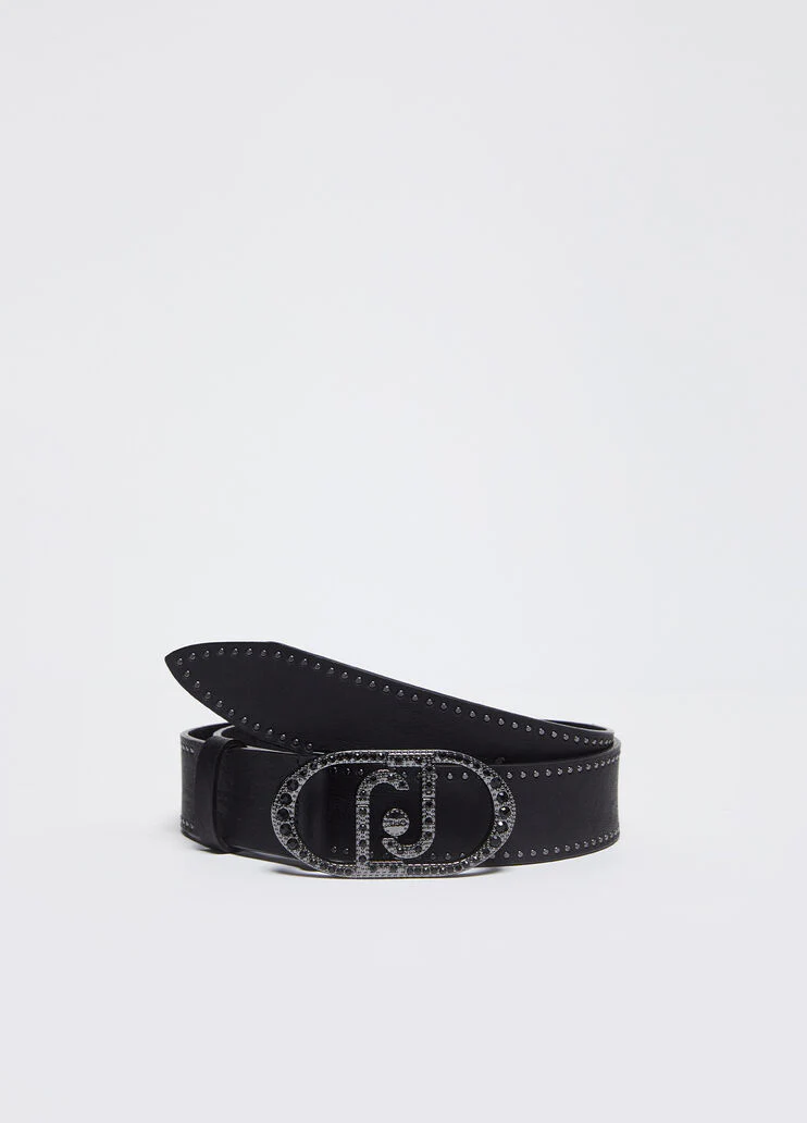 Leather belt with logo buckle