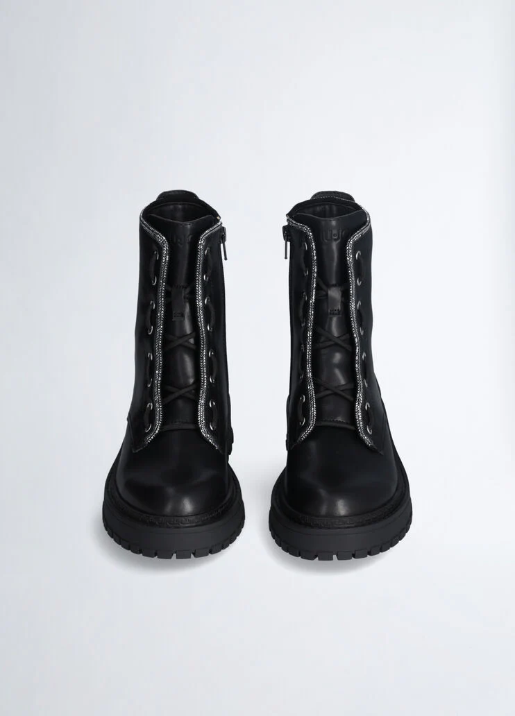 Combat boots with rhinestone trim