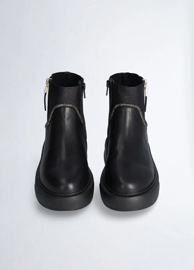 Black leather ankle boots with rhinestones