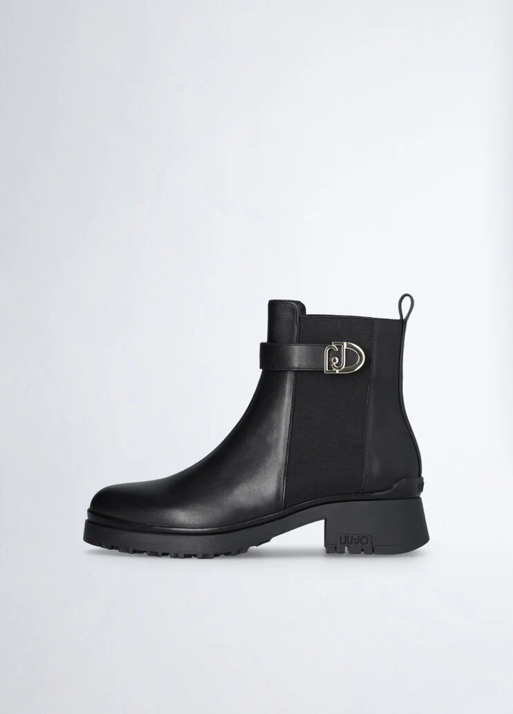 Black leather ankle boots with logo