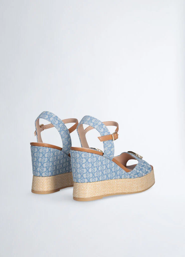 Monogram denim wedge sandals