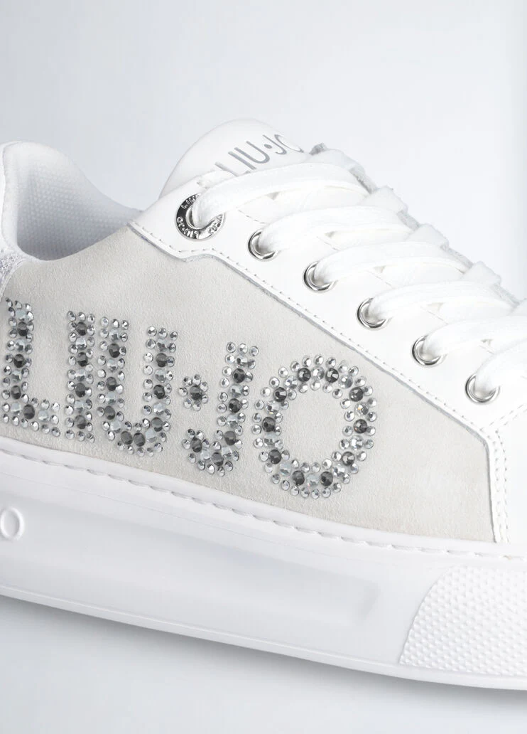 White sneakers with bejewelled logo