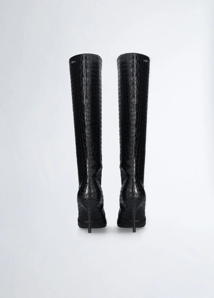 Crocodile-print knee-high boots