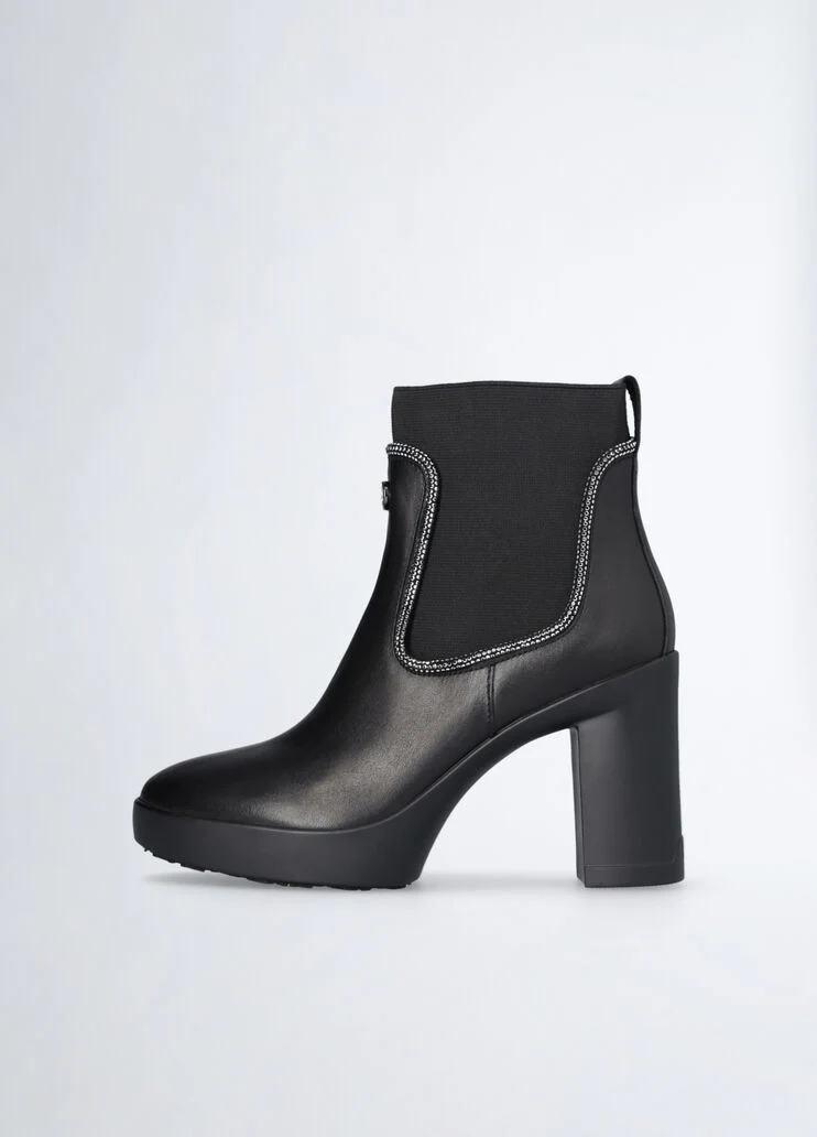 Black leather ankle boots with rhinestones