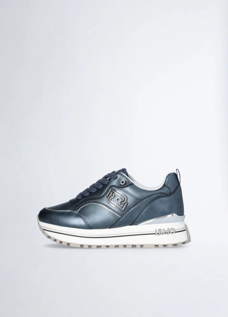 Blue metallic-effect leather platform sneakers