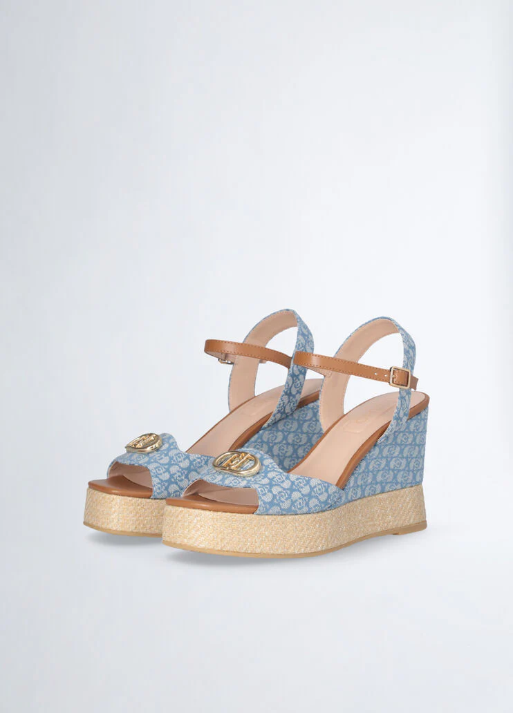 Monogram denim wedge sandals