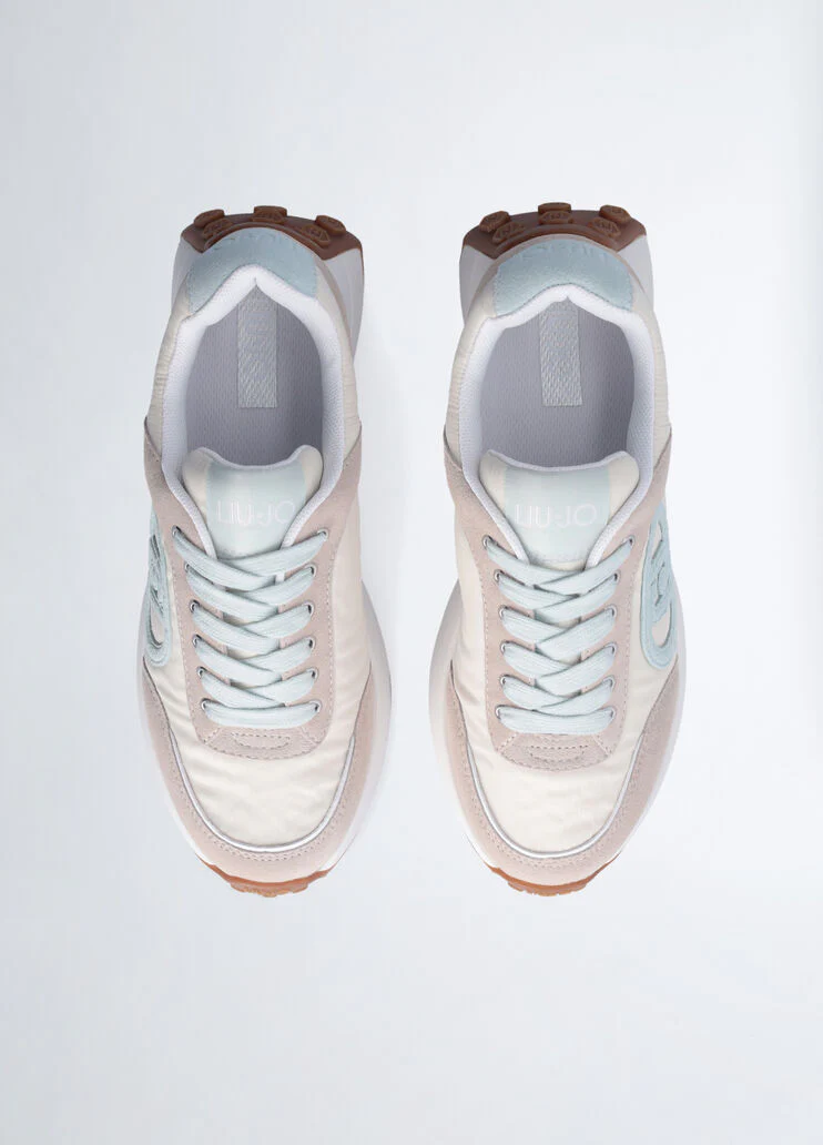 Beige sneakers with light blue logo