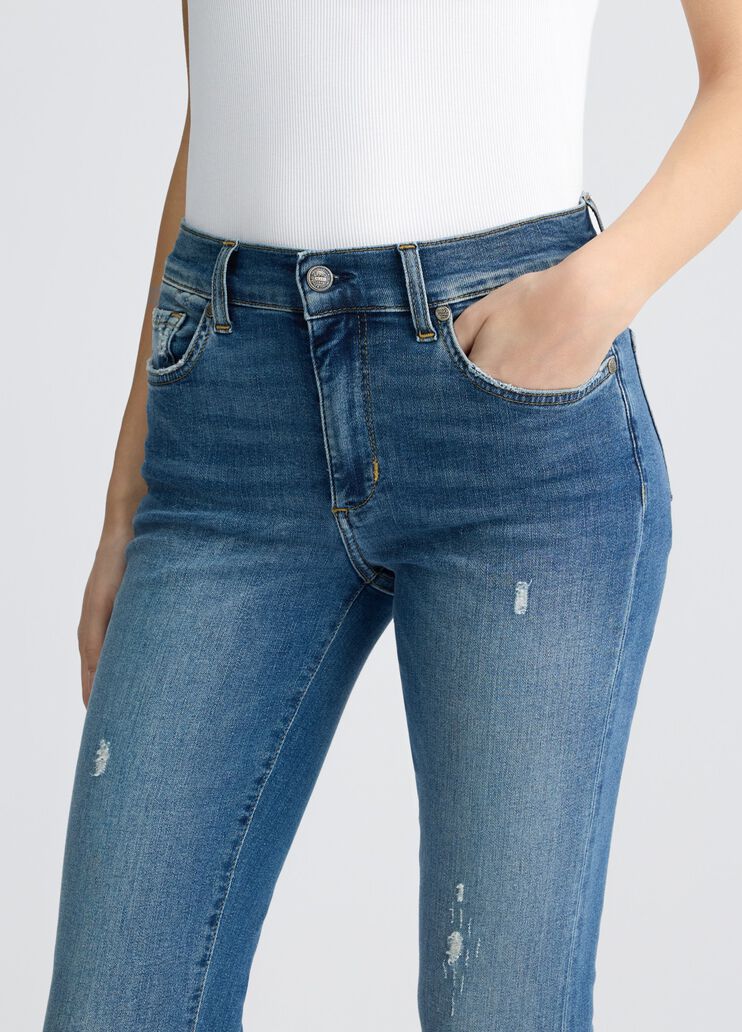 Blue bell-bottom jeans with rhinestones