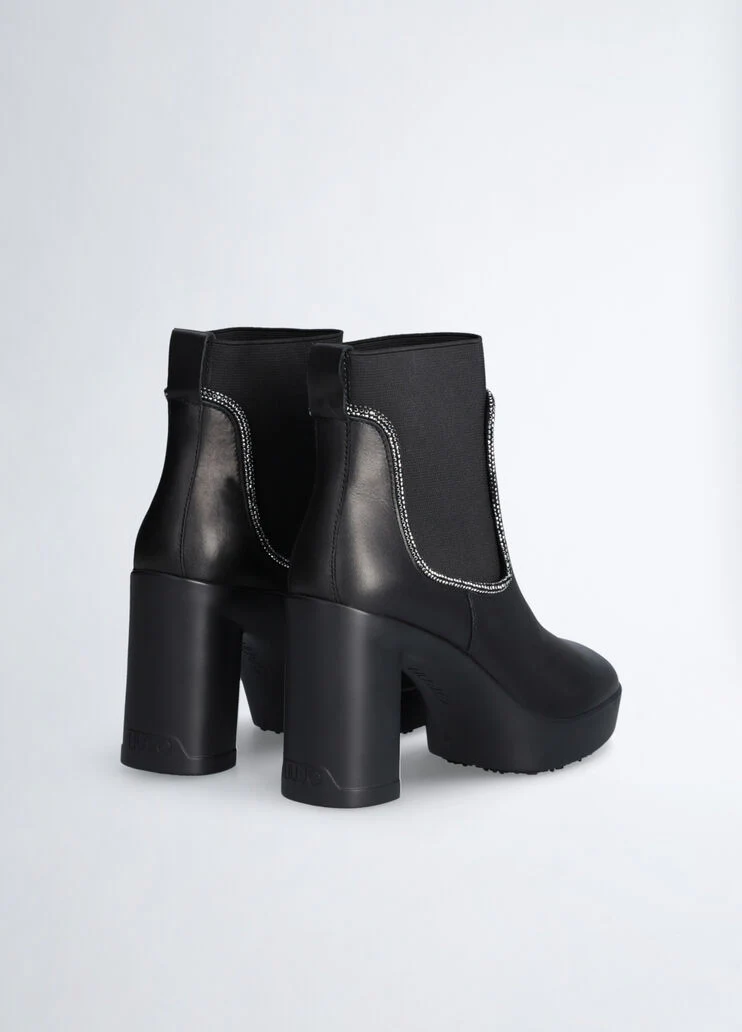 Black leather ankle boots with rhinestones